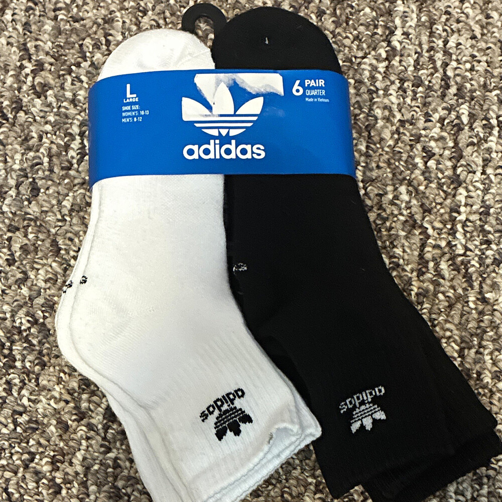 adidas Originals 6 Pair Quarter Socks Black/White Size L Men’s Solid Logo new